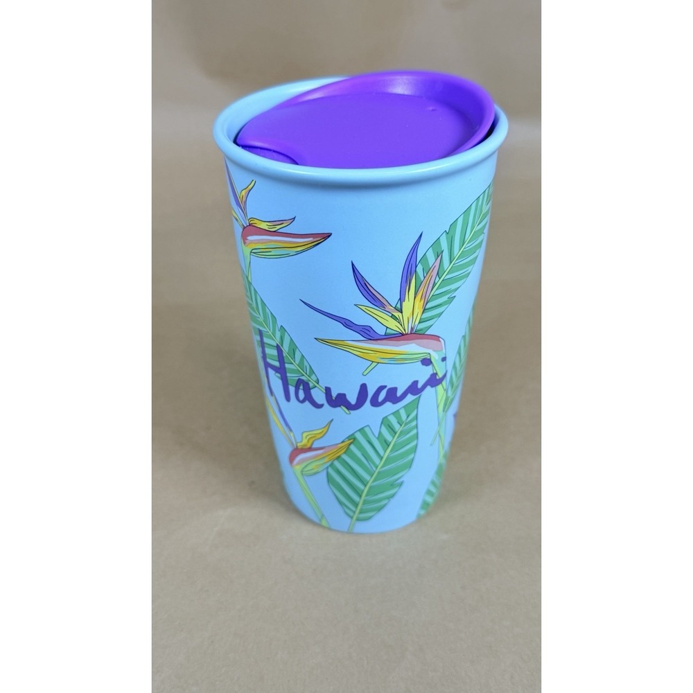 Starbucks Hawaii Bird of Paradise Ceramic Tumbler Mug 12oz Purple Lid 2017
